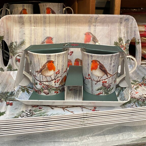 Christmas Robins Mugs with tray