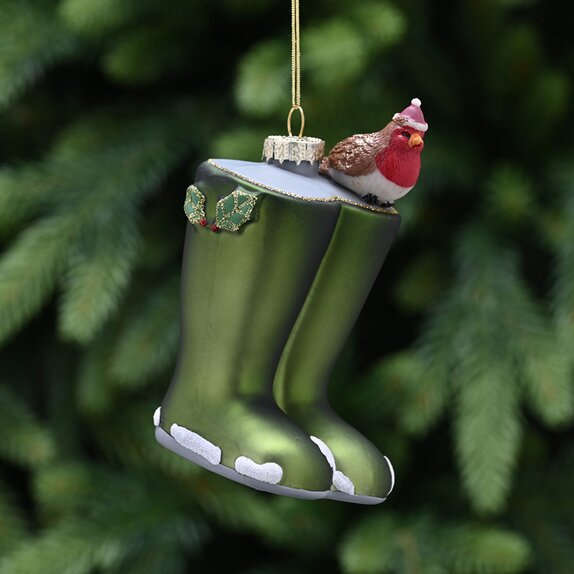 Green Glass Wellies Decoration with robin 12cm