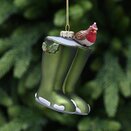 Green Glass Wellies Decoration with robin 12cm