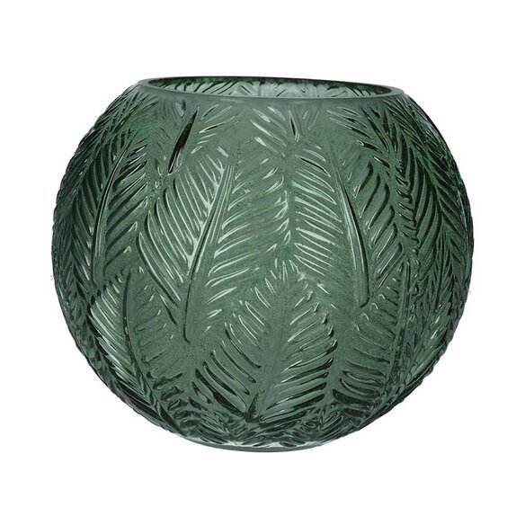Vase Globe Green Glass Leaf Impression